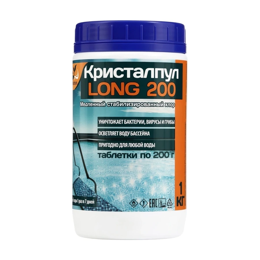 Дезинфицирующее средство "Кристалпул LONG" для бассейнов, табл. 200 г, банка 1 кг