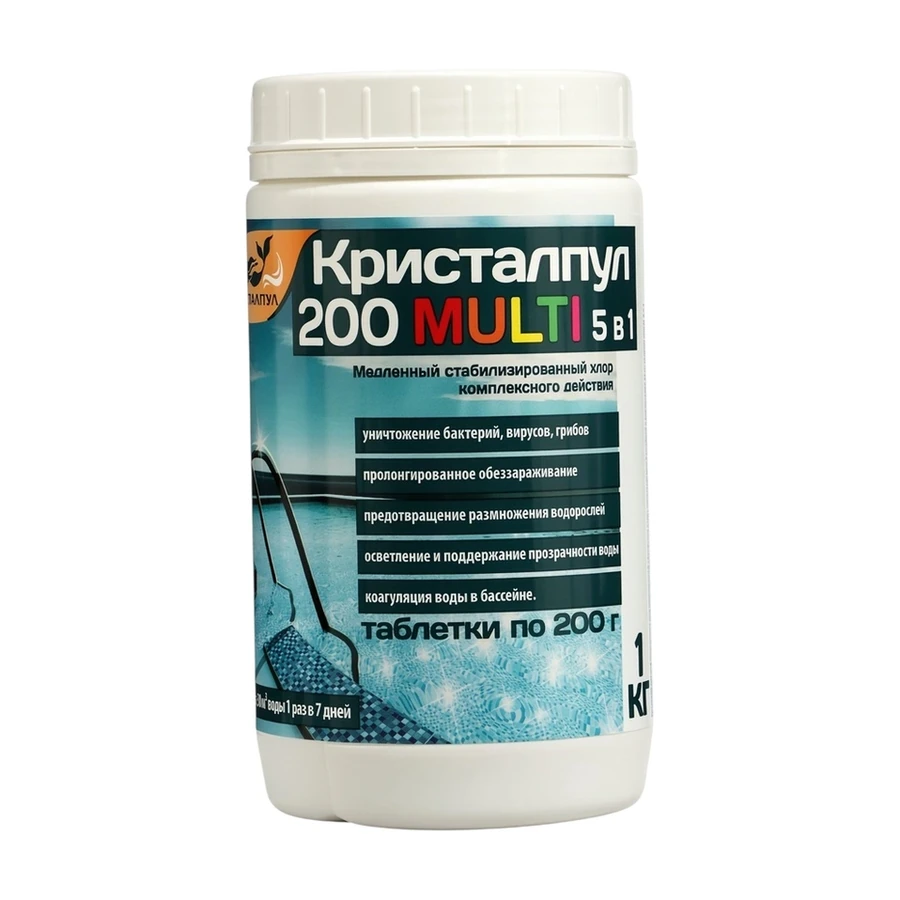 Дезинфицирующее средство "Кристалпул  Multi 5 в 1" для бассейнов, табл. 200 г, банка 1 кг